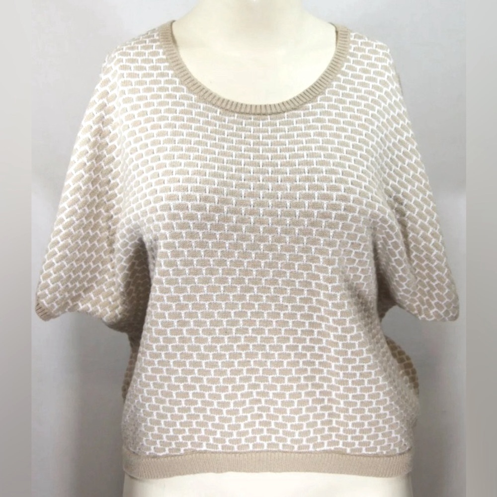 LANY BRYANT Women's SS Tan White Brick Pattern Sweater Dolman Sleeves Size 18/20